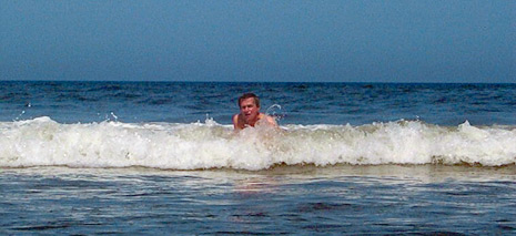 Dr. Kreeft body-surfing. Photo courtesy of Rev. Chuck Alley.